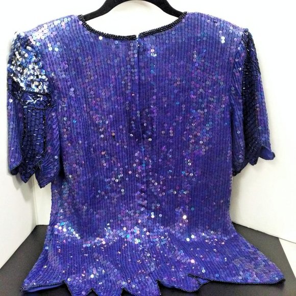 Vintage 80s Stenay India Silk Sequin Blouse Beaded Top Ladies-M Flower Leaf Blue - Picture 5 of 12